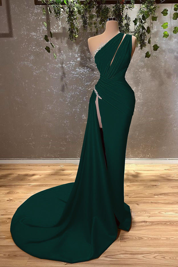 Elegant Ocean Blue One-Shoulder Mermaid Evening Gown with Thigh-High Slit