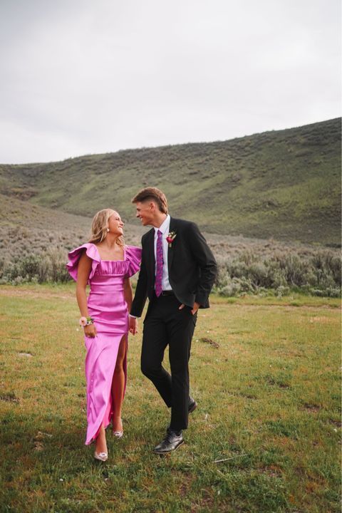 Modest Square Neckline Pink Long Prom Evening Gown With Satin Fabric