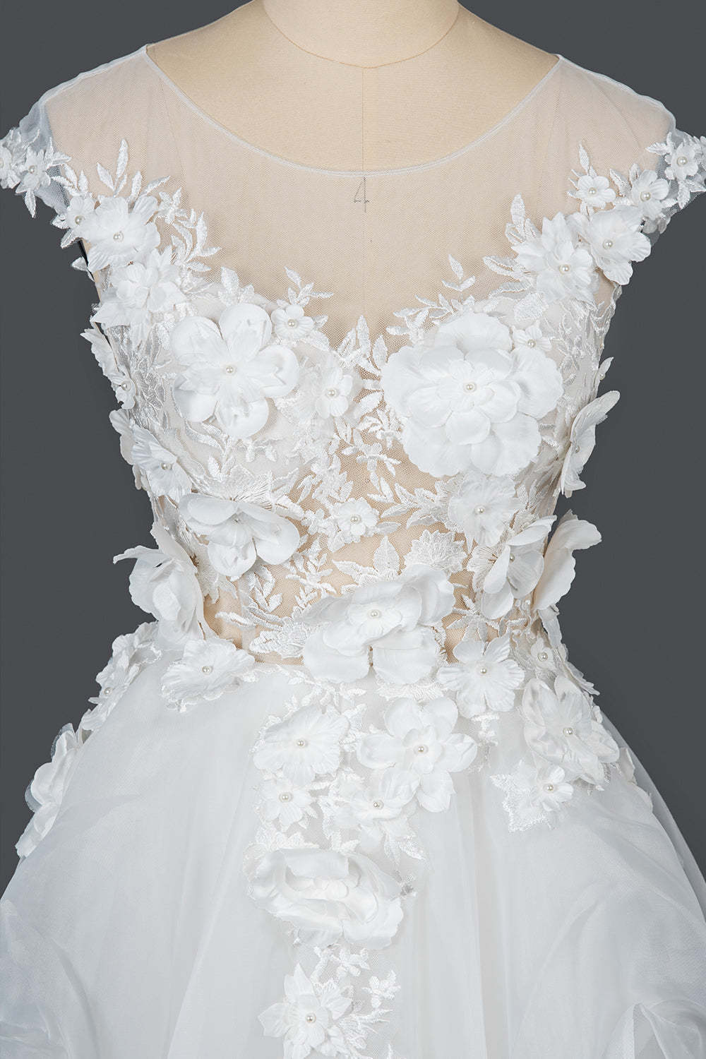 Cap Sleeve Jewel Neck Ball Gown Wedding Dress Floral Appliques