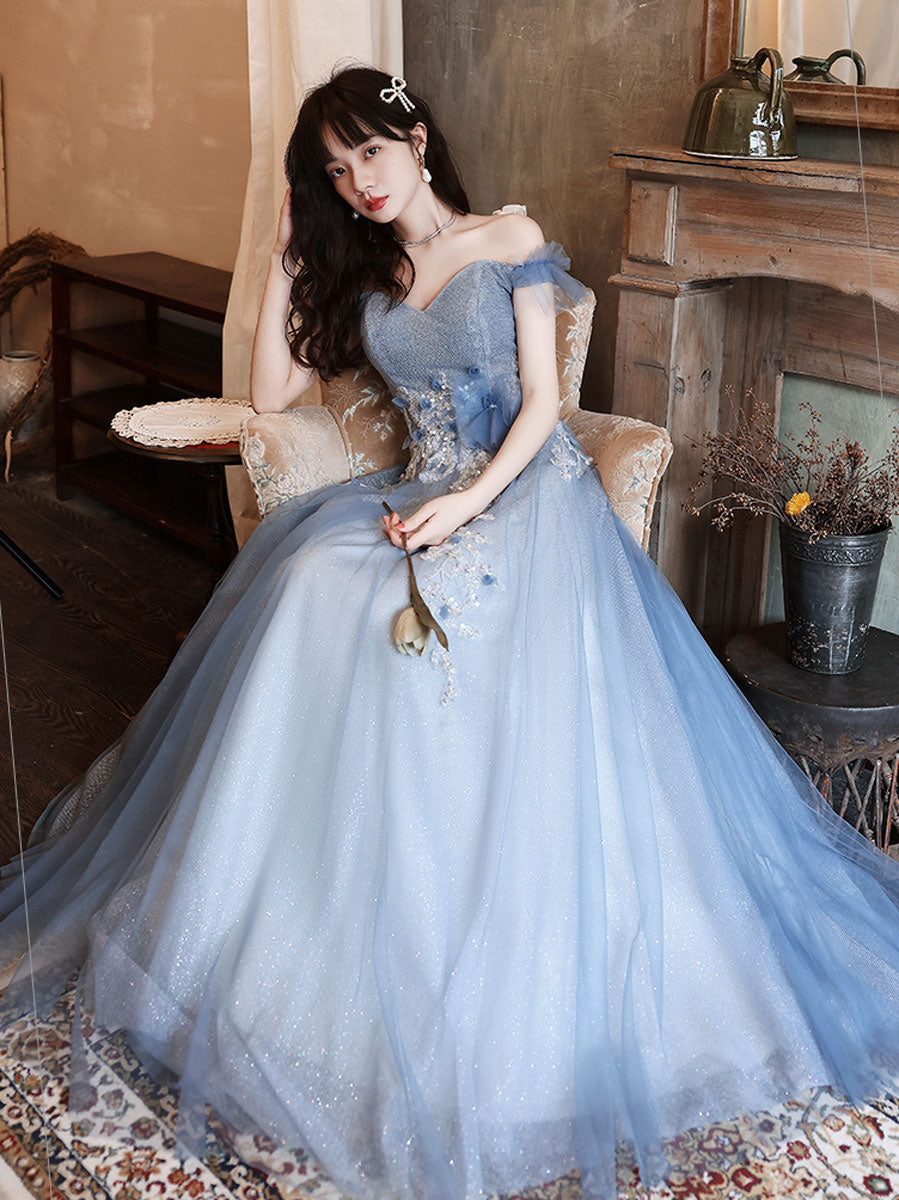 Blue Off Shoulder Tulle Long Prom Dress with Beading Details