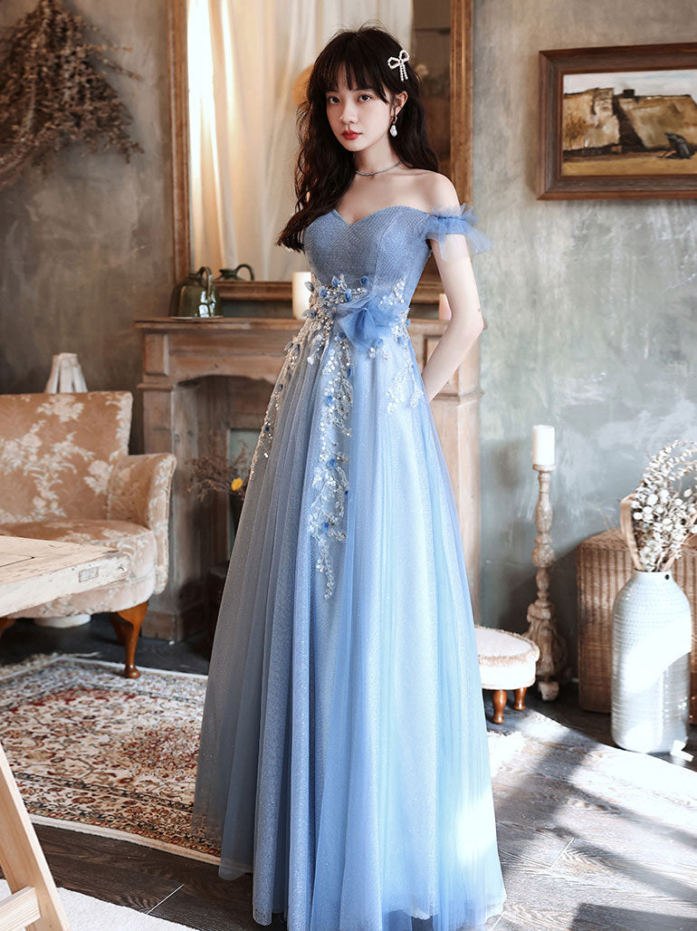 Blue Off Shoulder Tulle Long Prom Dress with Beading Details