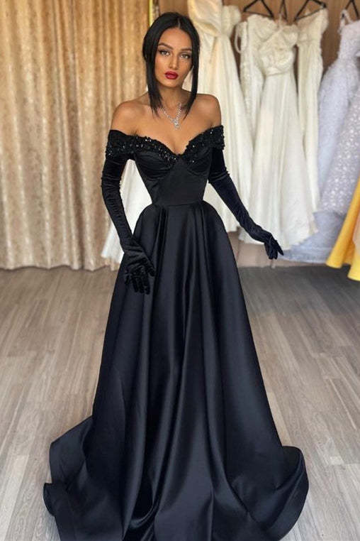 Elegant Black Off-Shoulder Mermaid Prom Dress with Gloves and Sleeves Elegant Black Off-Shoulder Mermaid Prom Dress with Gloves and Sleeves