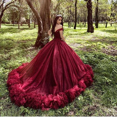 Princess Off-Shoulder Wedding Dress Long Sleeves Tulle Court Train Bridal Gown