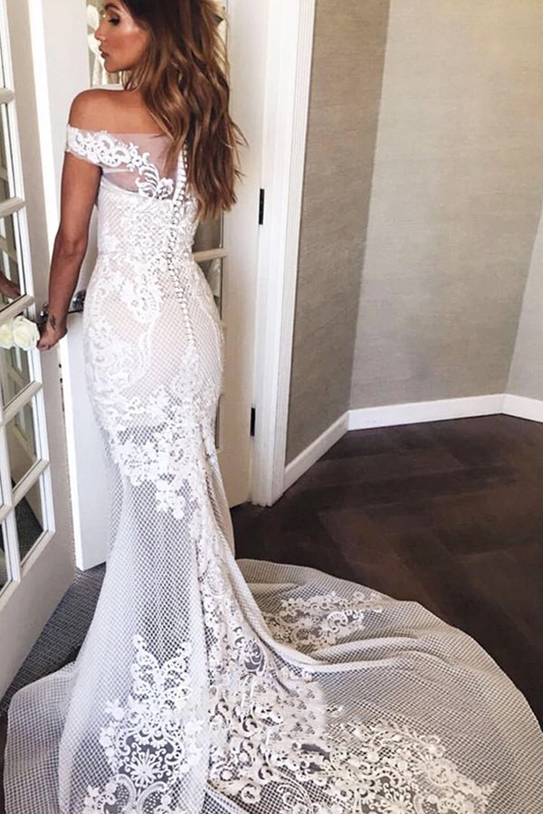 Off-the-Shoulder Sweep Train Mermaid Wedding Dress with Appliques Elegant