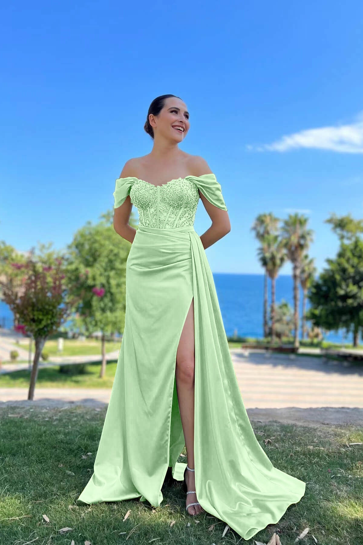 Off-the-Shoulder Sweetheart Beaded Mermaid Prom Dress with Front Slit