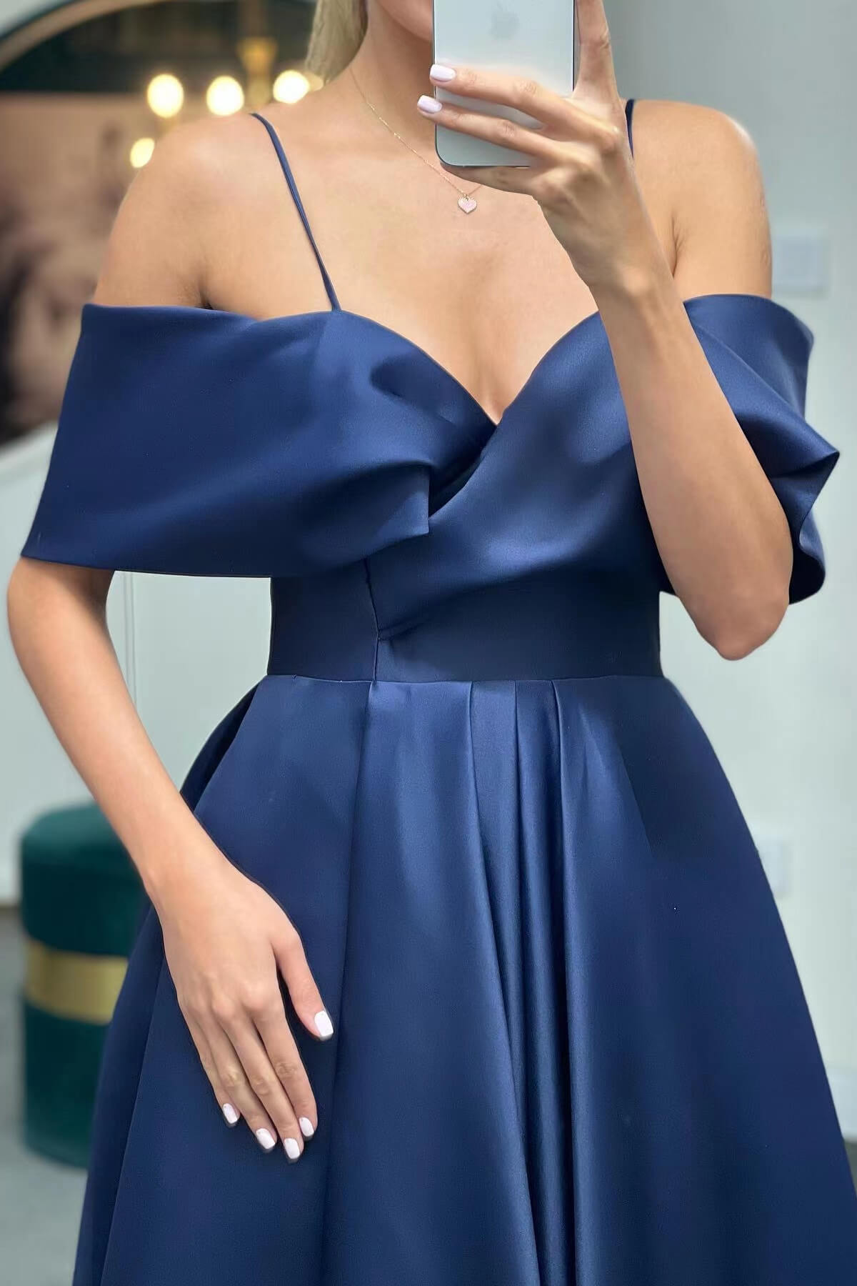 Spaghetti Strap Off-Shoulder A-Line Evening Dress with Lace-Up Back