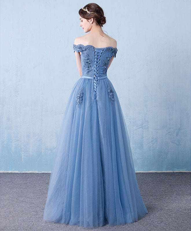 Blue Tulle Lace Off Shoulder Long Prom Bridesmaid Evening Dress