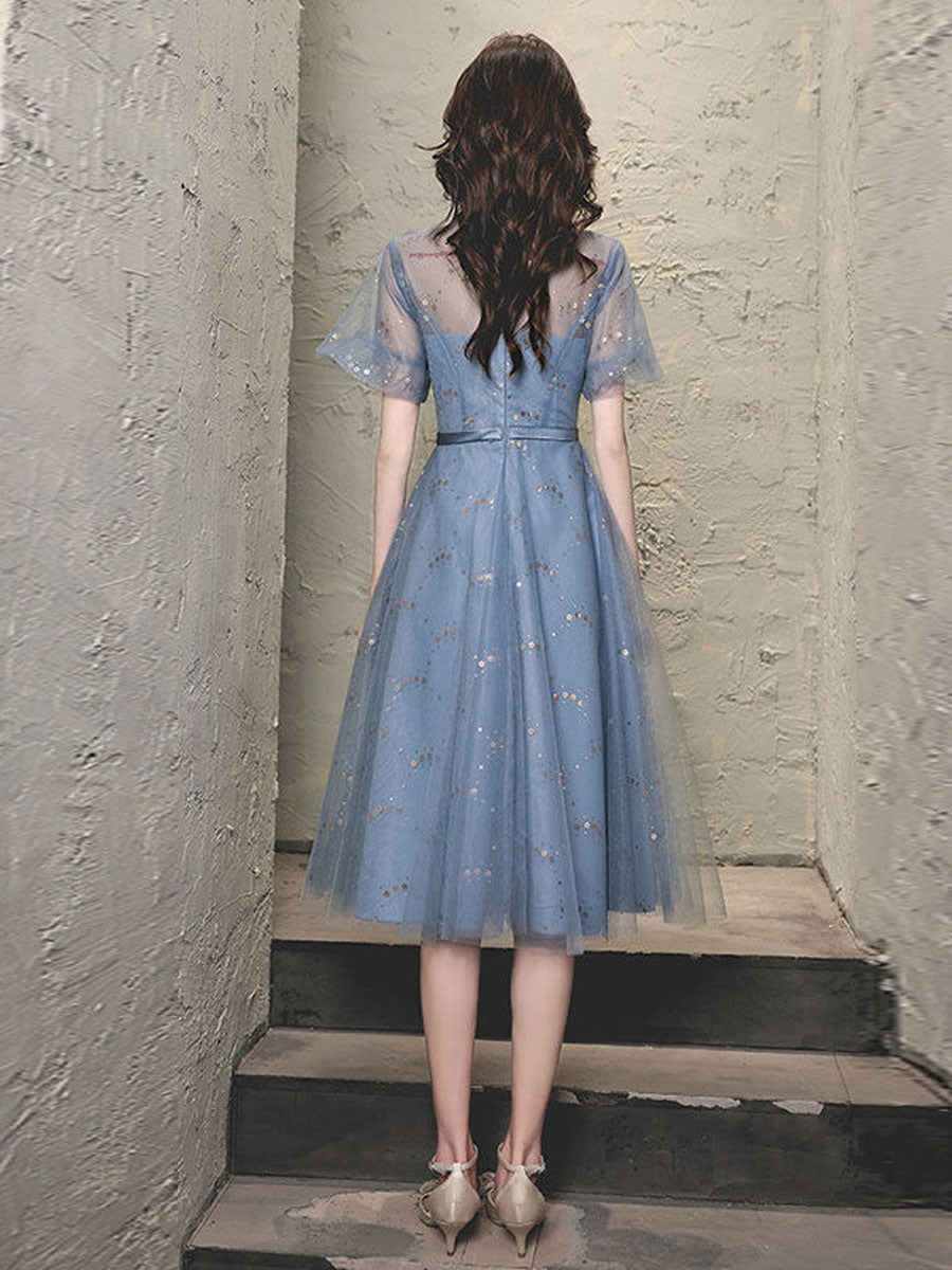 Elegant Blue Tulle Lace Short Prom Dress with Puffy Skirt