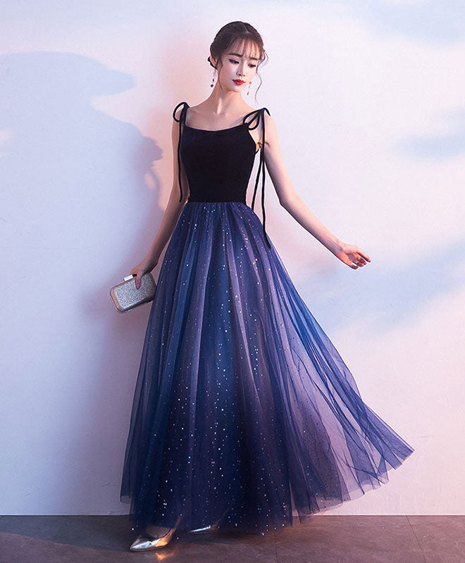 Stunning Simple Elegant Blue Tulle Long Prom Evening Dress Gown