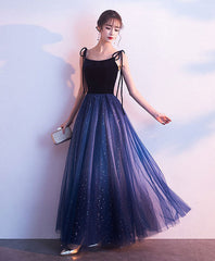Stunning Simple Elegant Blue Tulle Long Prom Evening Dress Gown