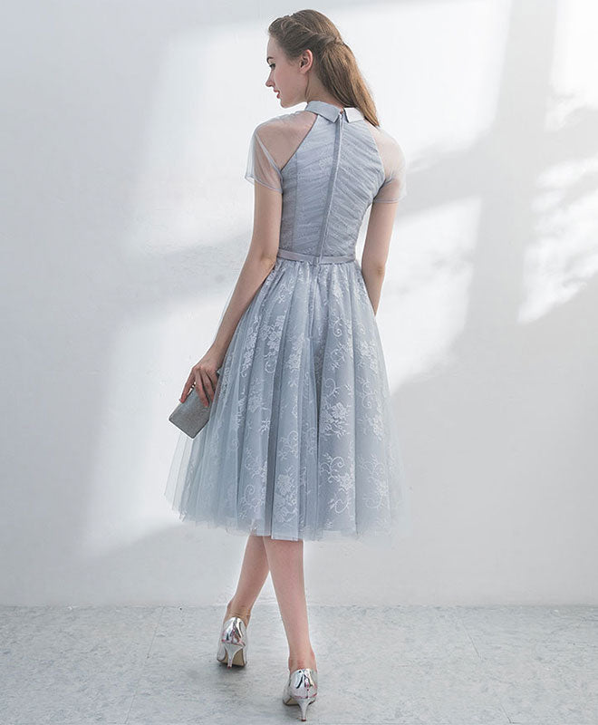 Unique Gray Tulle Lace Short Prom Dress Evening Gown