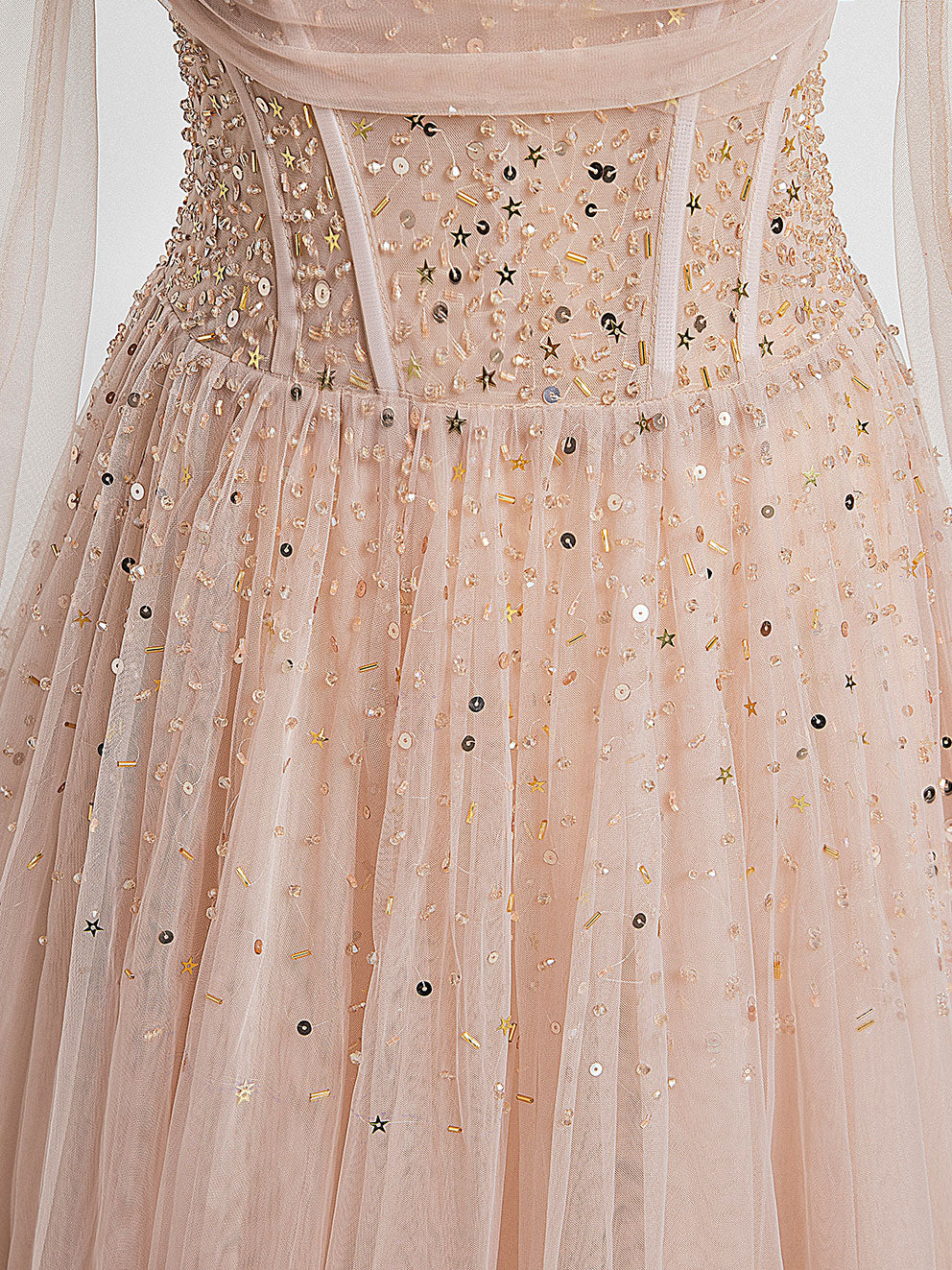 Champagne Pink Tulle Beaded Long Prom Evening Dress with Built‑In Bra