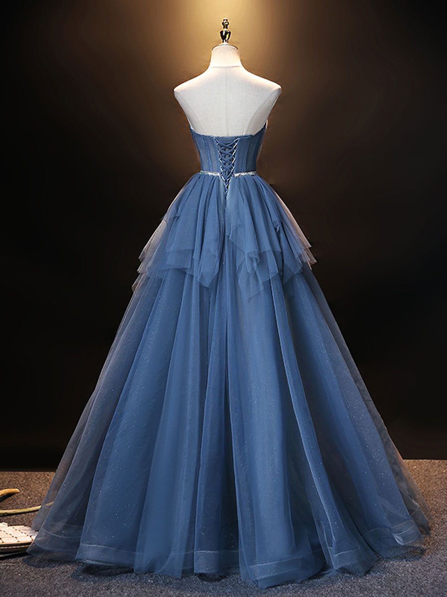 Elegant Blue Sweetheart Neck Tulle Long Prom Evening Dress Floor-Length Glamorous