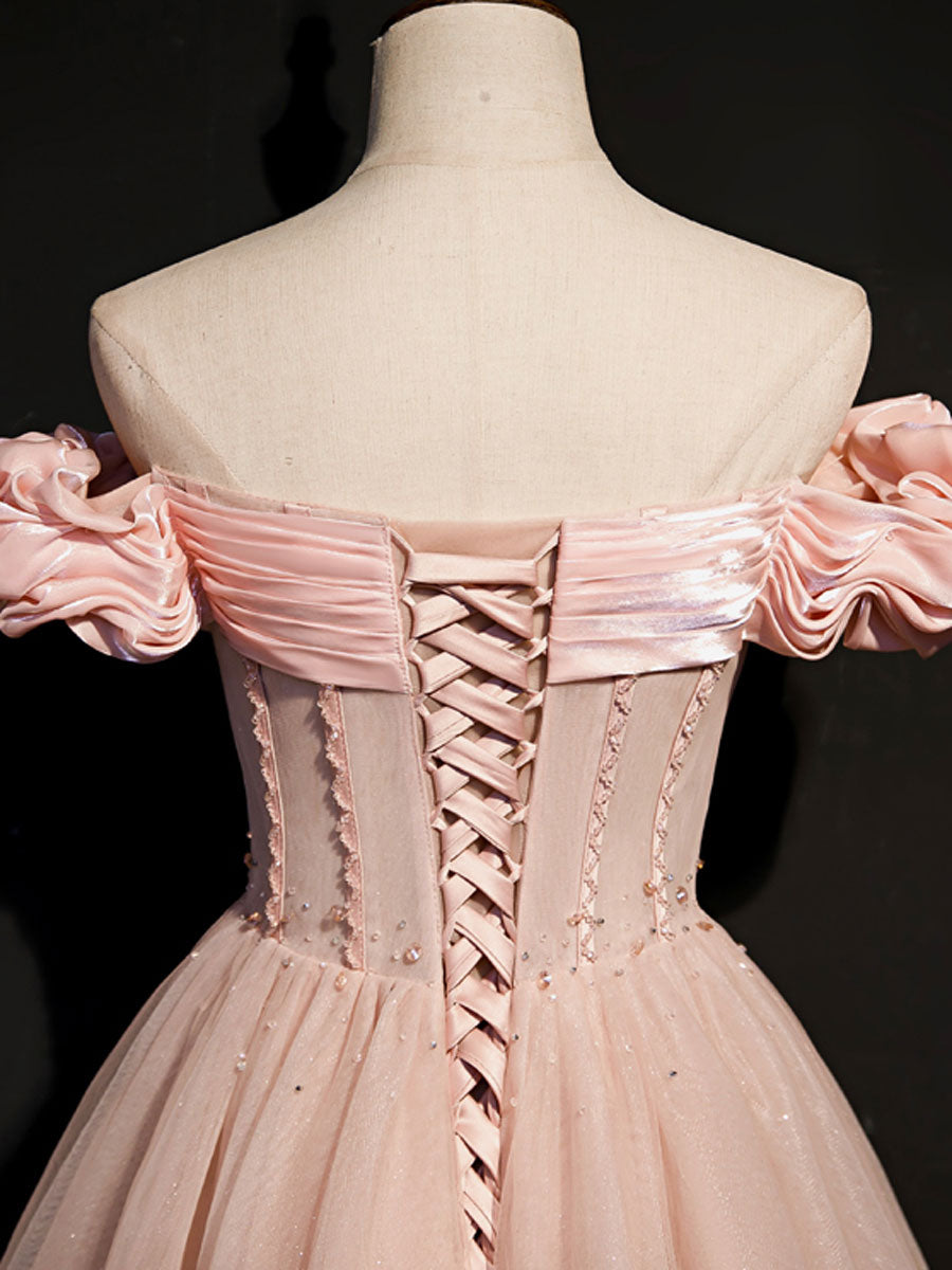 Pink Tulle Off Shoulder Long Prom Dress Formal Gown For Women
