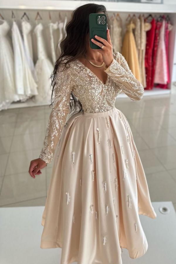 Chic Glitter Satin Ankle-Length Evening Dress with Long Sleeves & V-Neck
