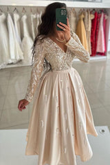 Chic Glitter Satin Ankle-Length Evening Dress with Long Sleeves & V-Neck
