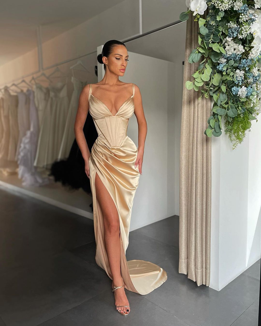 Blushing Pink Pleated V-Neck Prom Dress with High Slit Gown