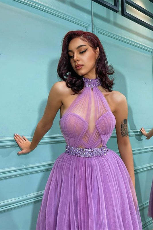 Elegant Lavender High Neck Short Tulle Prom Dress with Beaded Bodice