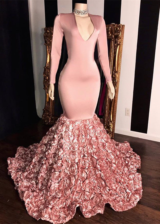 Elegant V-Neck Long Sleeve Mermaid Prom Dress with Floral Bottom