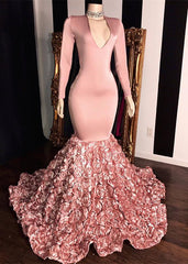 Elegant V-Neck Long Sleeve Mermaid Prom Dress with Floral Bottom