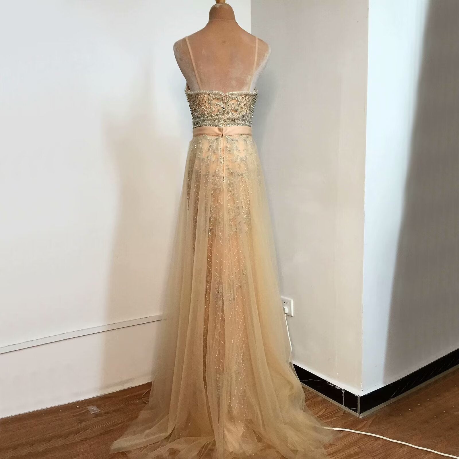 Champagne Sequined Mesh Prom Dress with Sleeveless A Line Backless Style Champagne Sequined Mesh Prom Dress with Sleeveless A Line Backless Style