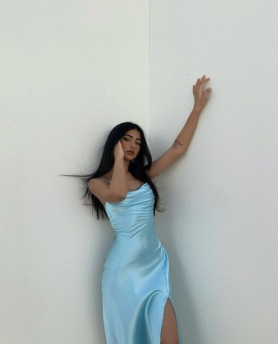 Elegant Blue Satin Simple Party Birthday Prom Dress