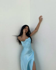 Elegant Blue Satin Simple Party Birthday Prom Dress