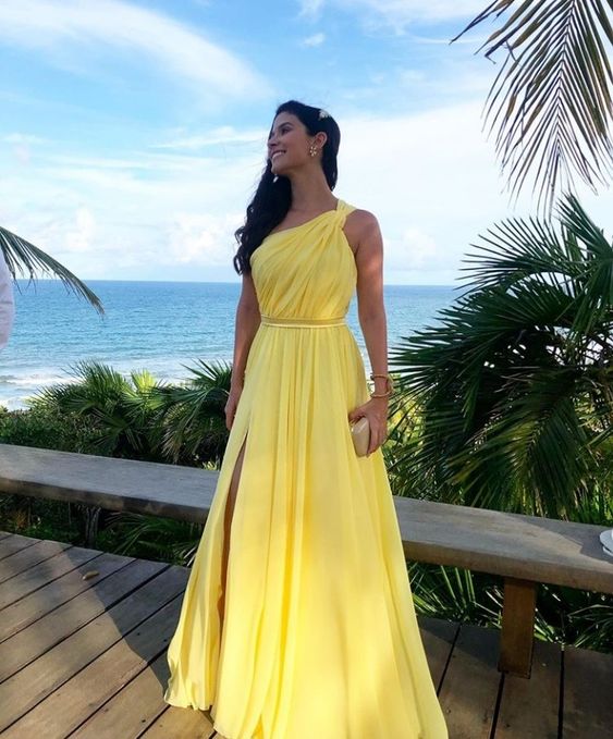 Yellow One Shoulder Long Prom Evening Dresses Sexy Unique Formal Gowns