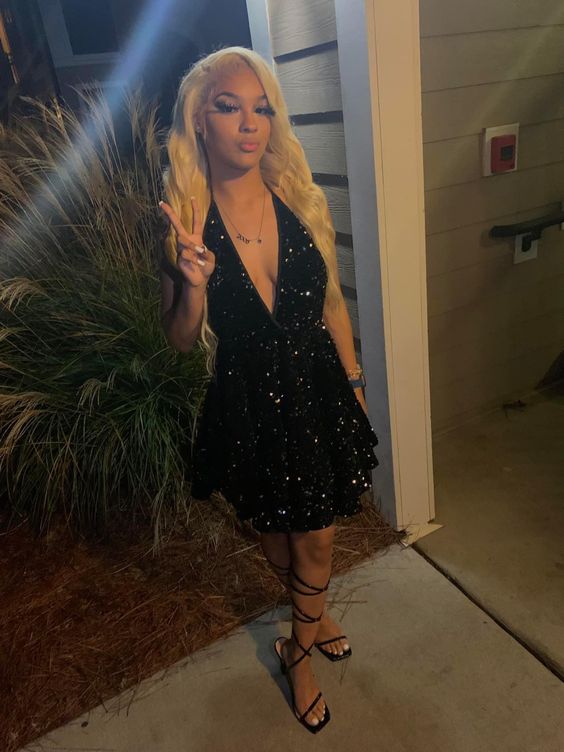 Sexy Black Sparkling Cocktail Party Dress Sequin Back Open Gown