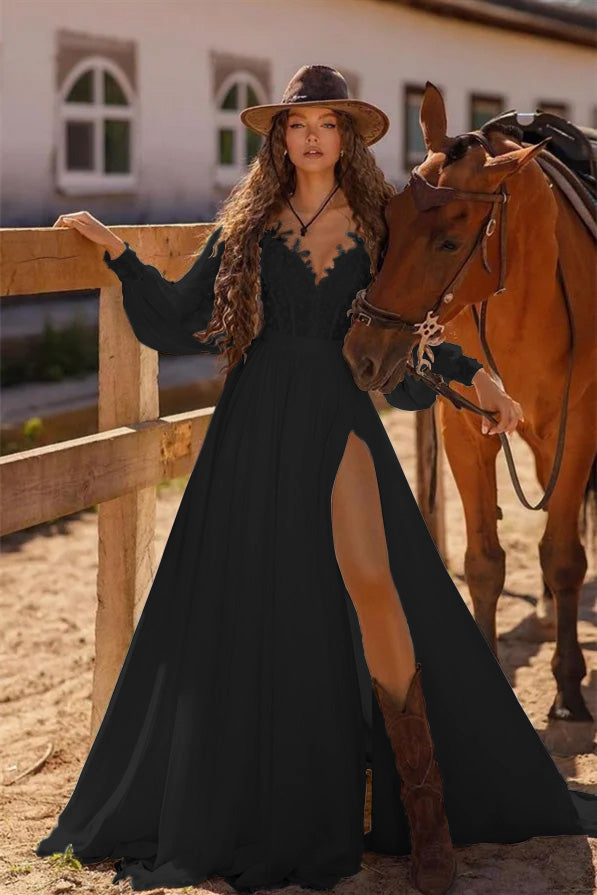 Bohemian Long Sleeve Lace Wedding Dress with High Side Split