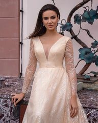 Sparkling A-Line V-Neck Wedding Dress with Elegant Long Sleeves and Glitter Accents