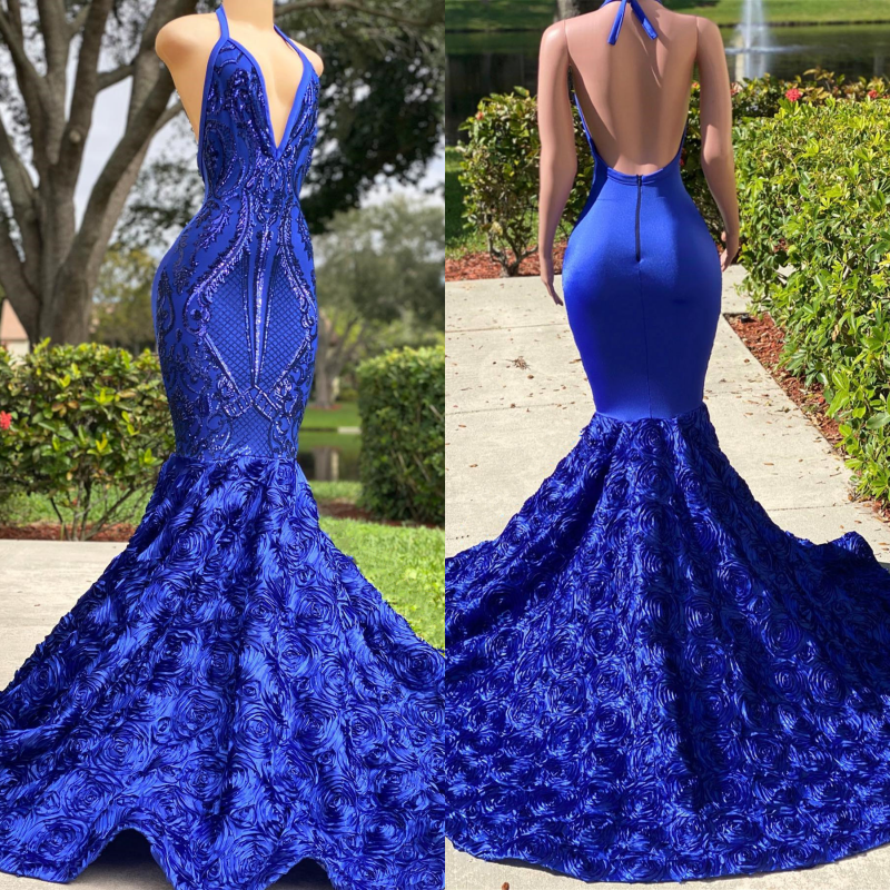 Royal Blue Halter V-Neck Open-Back Sleeveless Mermaid Prom Dress Evening Gown