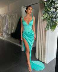 Blushing Pink Pleated V-Neck Prom Dress with High Slit Gown