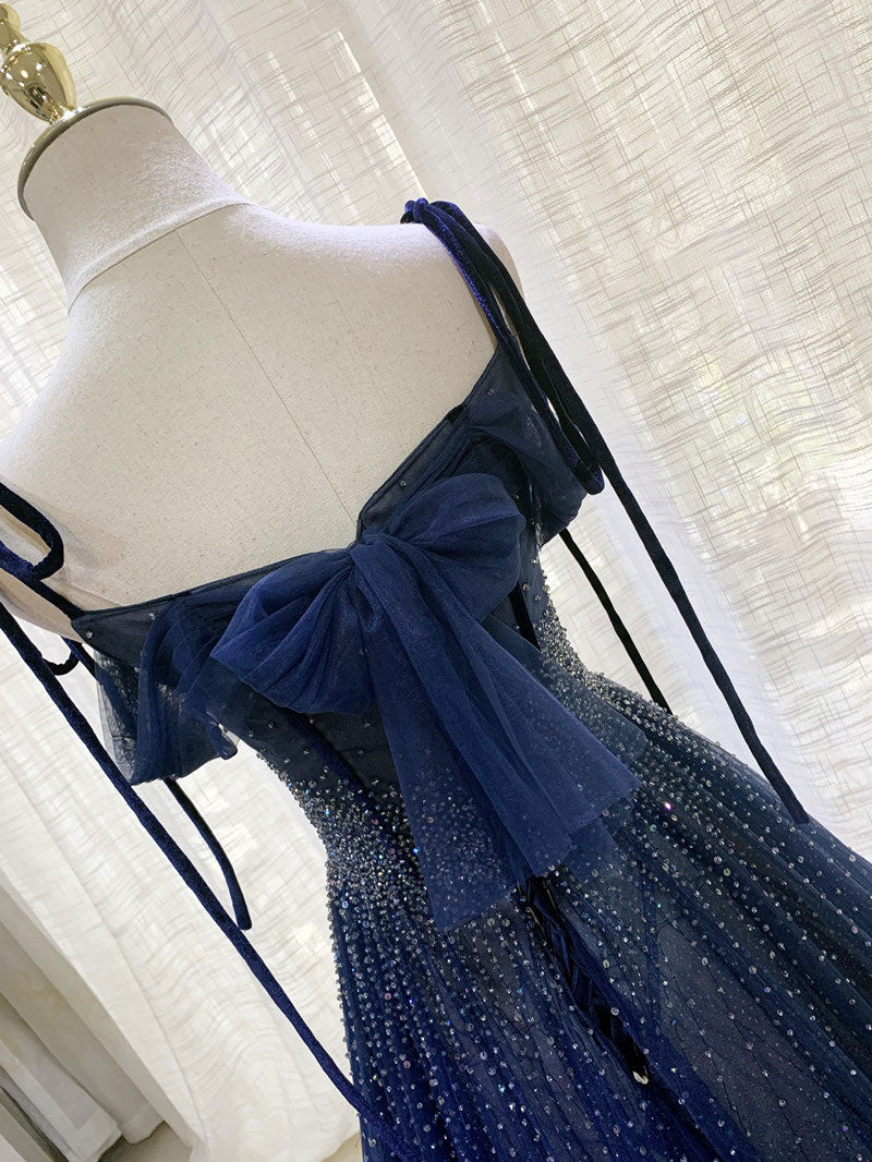 Stunning Dark Blue Tulle Sequin Long Prom Formal Evening Dress