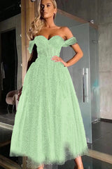 Elegant Black Off-Shoulder Sweetheart A-Line Tulle Beaded Prom Dress Gown
