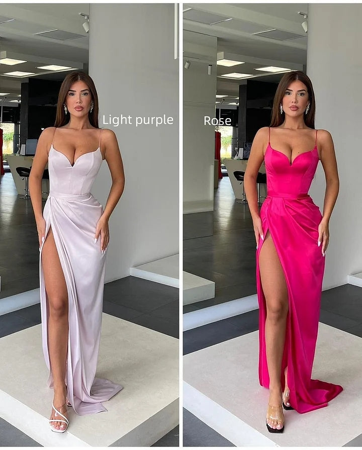 Sleeveless Spaghetti Strap Prom Dress with Slit, Elegant Charmeuse Gown for Women