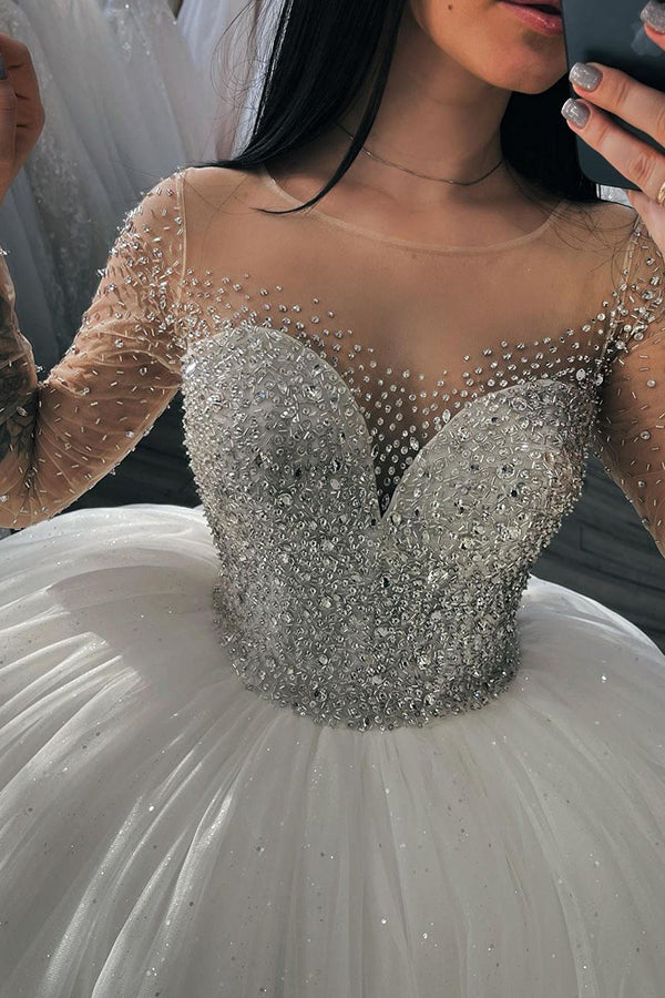 Shimmery Crystal Long Sleeve Ball Gown Wedding Dress with Beading Accents Shimmery Crystal Long Sleeve Ball Gown Wedding Dress with Beading Accents