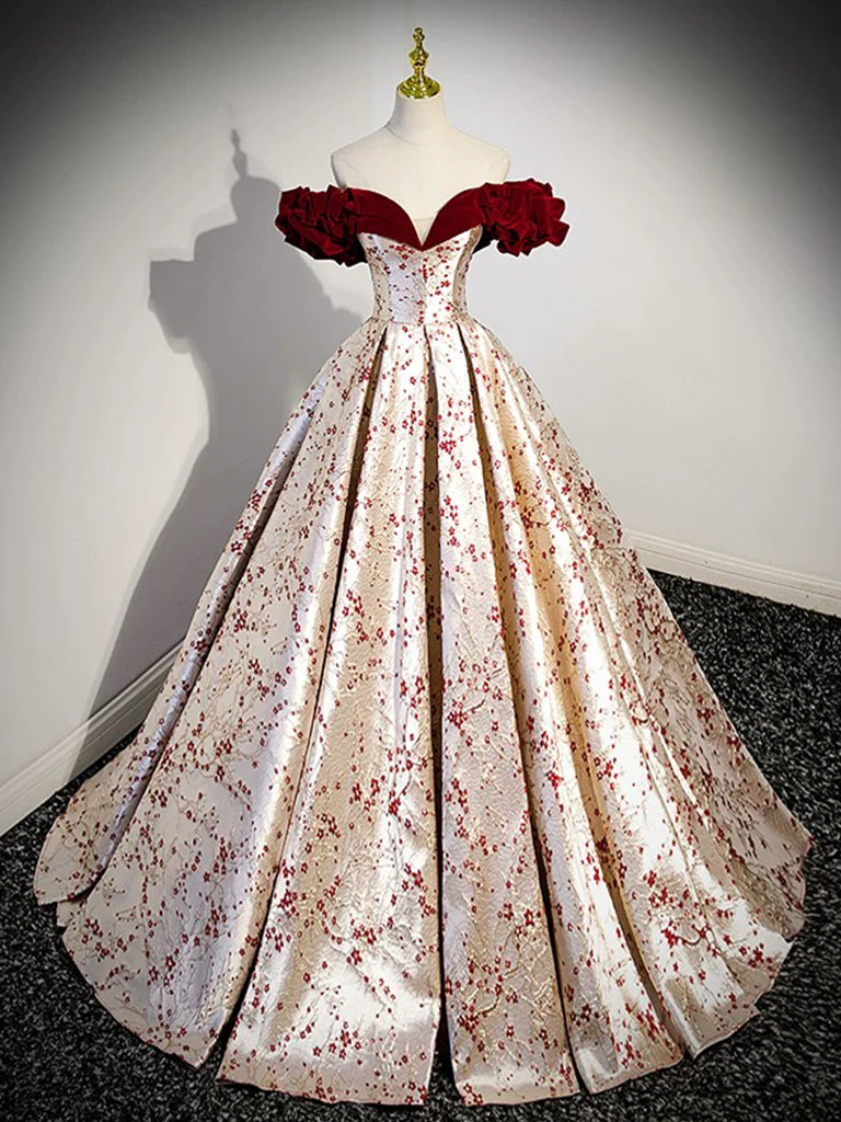 A-Line Off Shoulder Satin Velvet Long Prom Dress Champagne