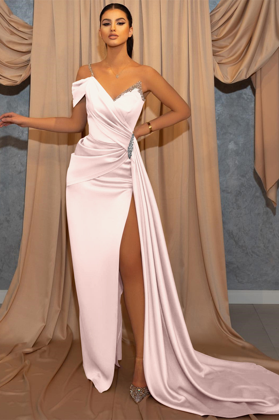 Elegant One-Shoulder Beaded Mermaid Prom Dress with Ruffle and Slit