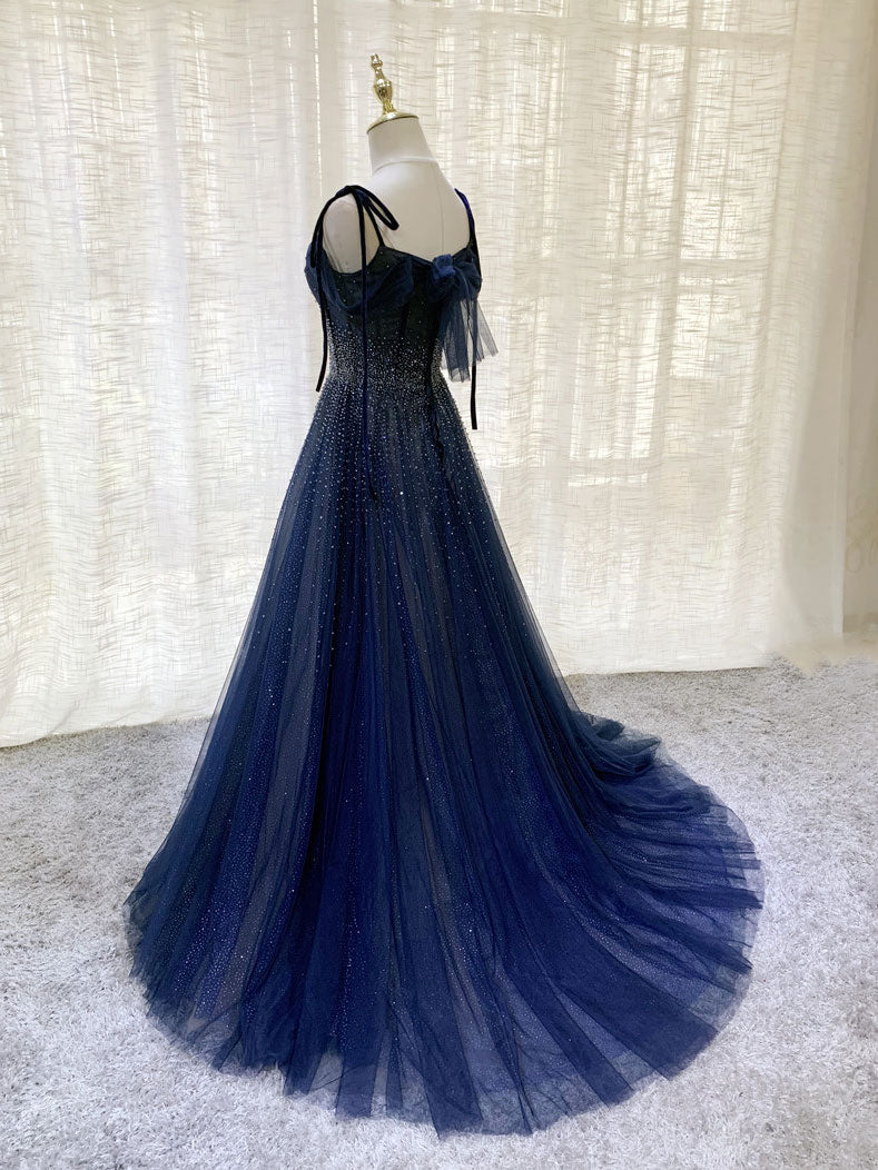 Stunning Dark Blue Tulle Sequin Long Prom Formal Evening Dress