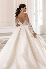Glamorous Long Sleeve Bateau A-Line Satin Bridal Gown with Crystal and Pearl  