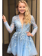 Charming Long Sleeves V-Neck Floral Lace Knee-Length Party Dress for Homecoming