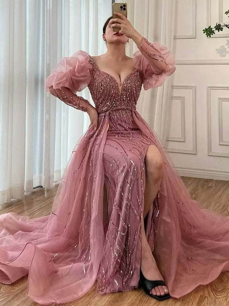 Pink Mermaid High Split Beaded Evening Dress Beaded Bubble Sleeve Gown