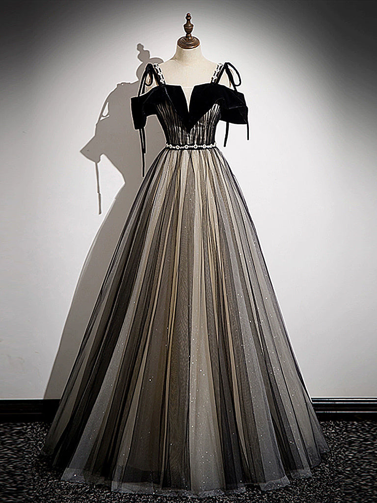 Elegant A-Line Tulle Black Long Prom Dress: Stunning Formal Evening Gown