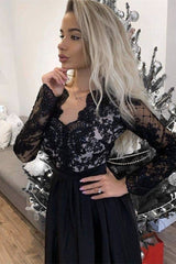 Black Long Sleeve Formal Prom Dress Gown with Thigh High Split