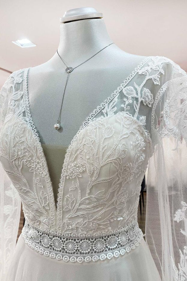 Elegant Sweetheart A-Line Wedding Dress with Sleeves, Tulle, Appliques & Beadings