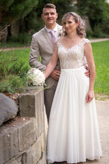 Elegant A-Line Chiffon Wedding Dress Appliques Lace Floor Length Gown