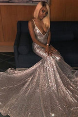 Spaghetti Straps V-Neck Sequined Mermaid Prom Dress Elegant Evening Gown