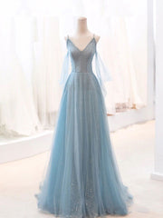 Elegant Gray-Blue V-Neck Tulle Sequin Long Prom Dress: A Stunning Evening Gown