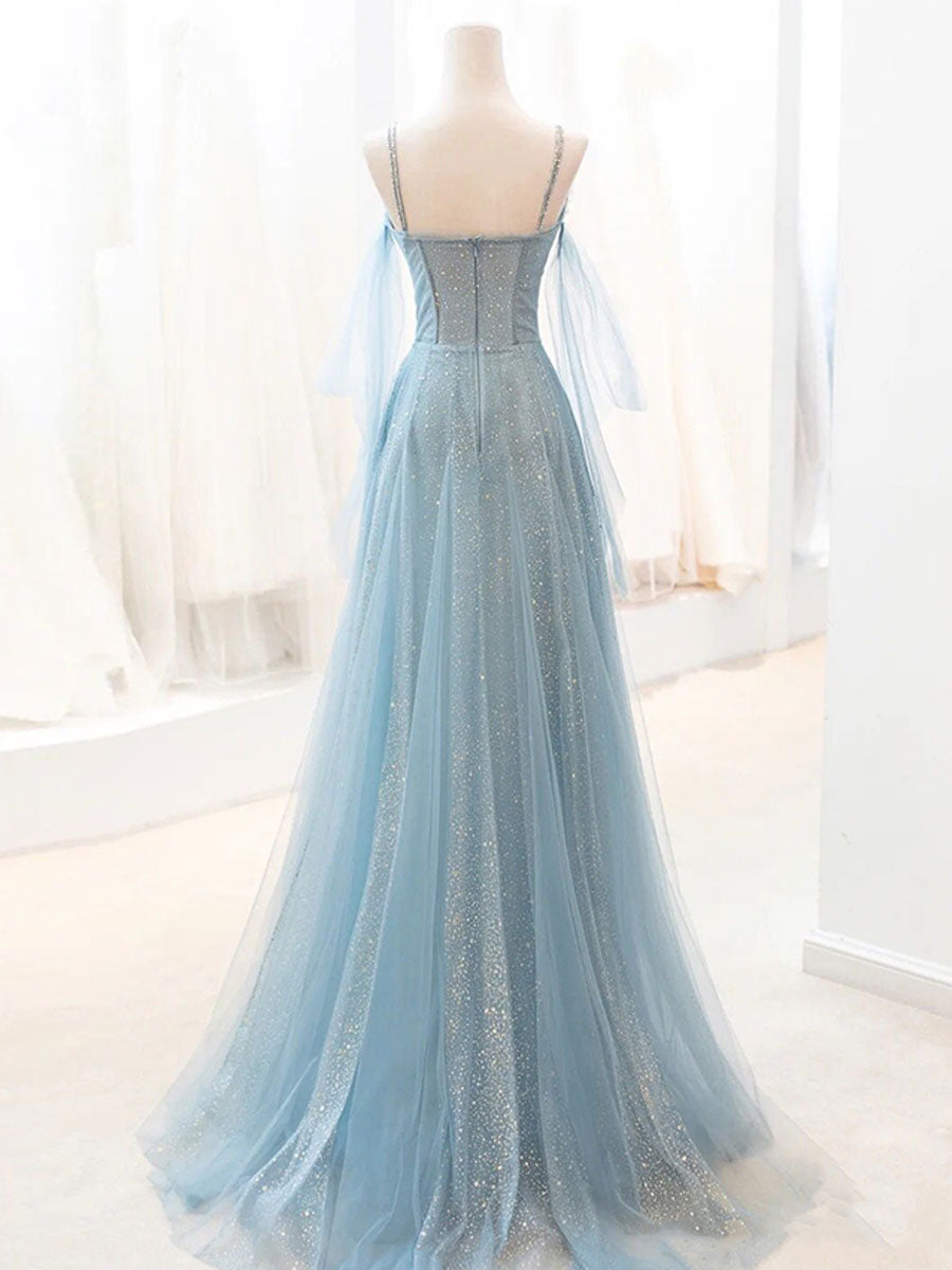 Elegant Gray-Blue V-Neck Tulle Sequin Long Prom Dress: A Stunning Evening Gown
